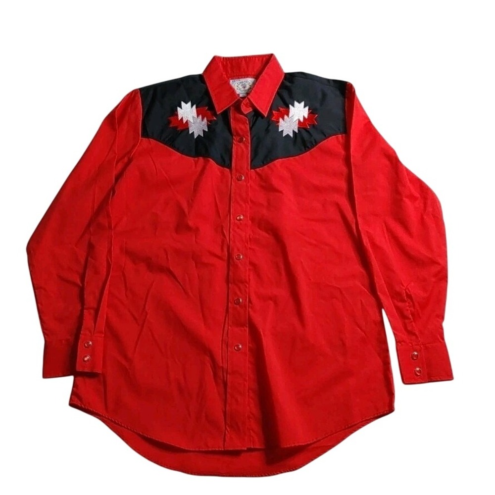 Vtg Women's Cowgirl Western Country Charmers Red Black Long Snap Up Small Aztec
